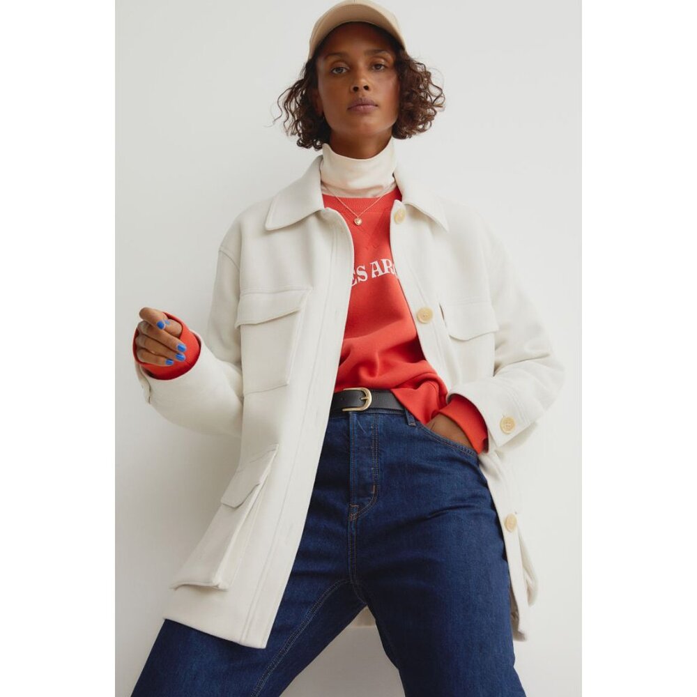 NWT H&M Women’s Ivory Coat Size XS Button Front Utility Pocket Jacket - Picture 2 of 8